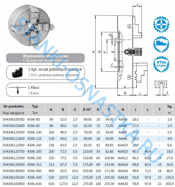 Токарный патрон Польша Bison-Bial 4306-125 DIN 6350 с цилиндрическим центрирующим пояском Токарный патрон Польша Bison-Bial 4306-125 DIN 6350 с цилиндрическим центрирующим пояском