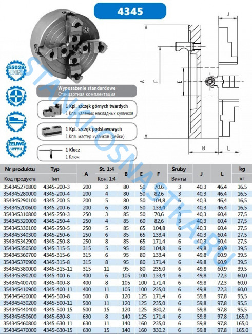 Патрон токарный БИЗОН 4345-250-3 DIN 55029 Кэмлокк 4-х кулачковый
